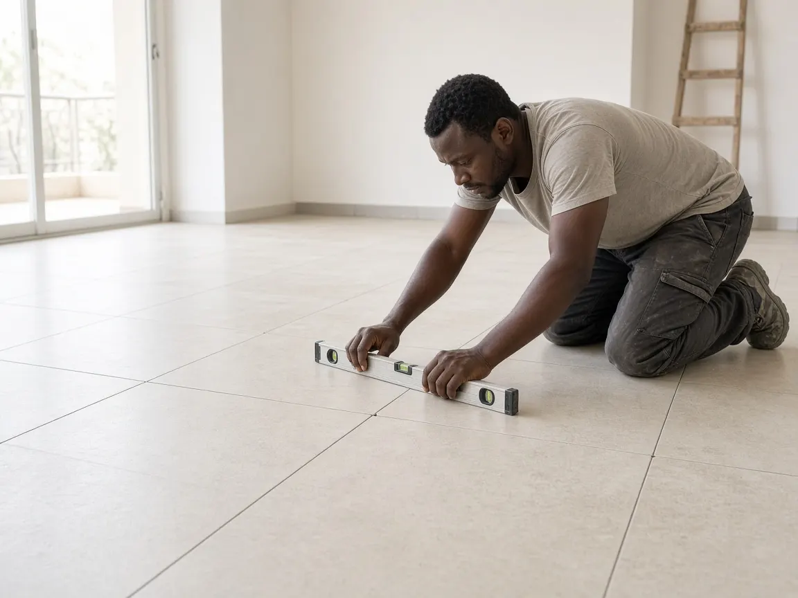 Un carreleur vérifie la pose d’un carrelage avec un niveau