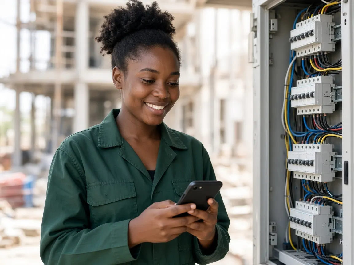Une électricienne consulte son téléphone à côté d’un tableau électrique