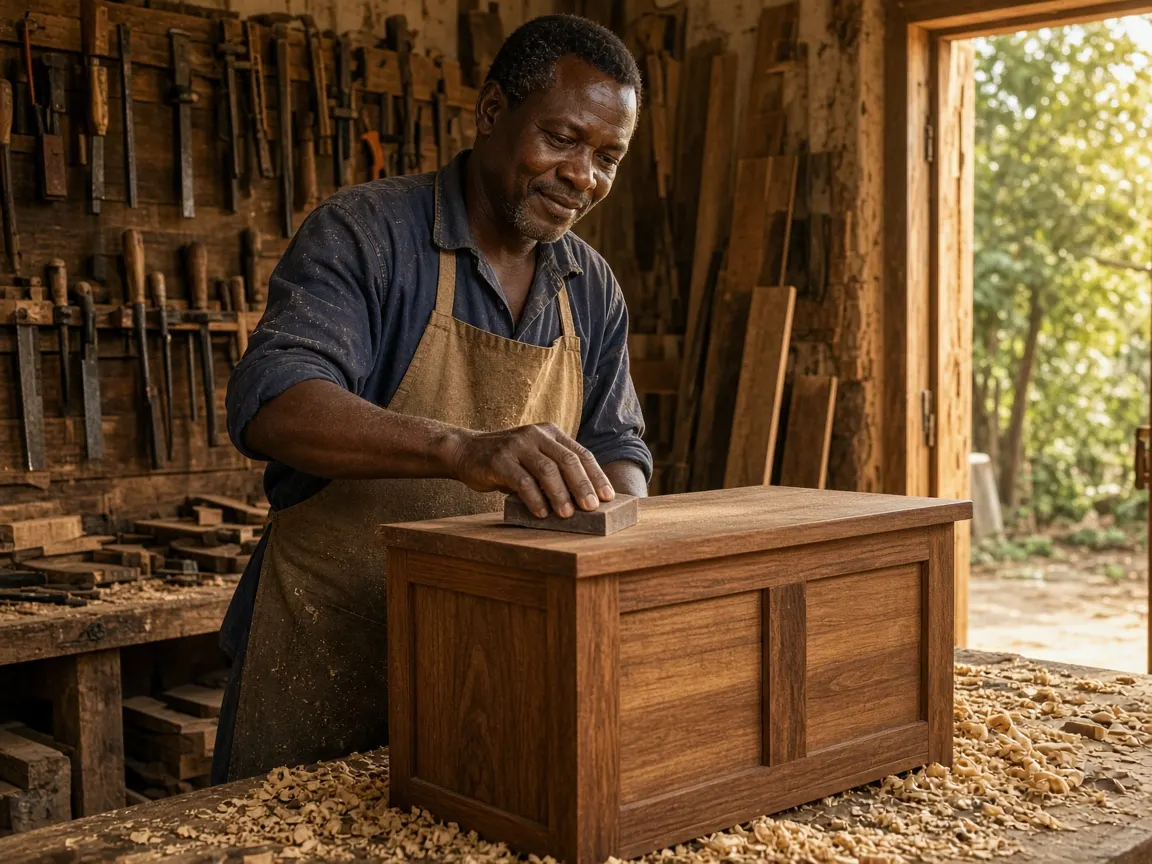 Un menuisier ponce un coffre en bois dans son atelier